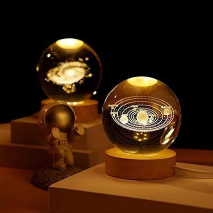 3d Galaxy Crystal Ball Night Light With Wooden Base